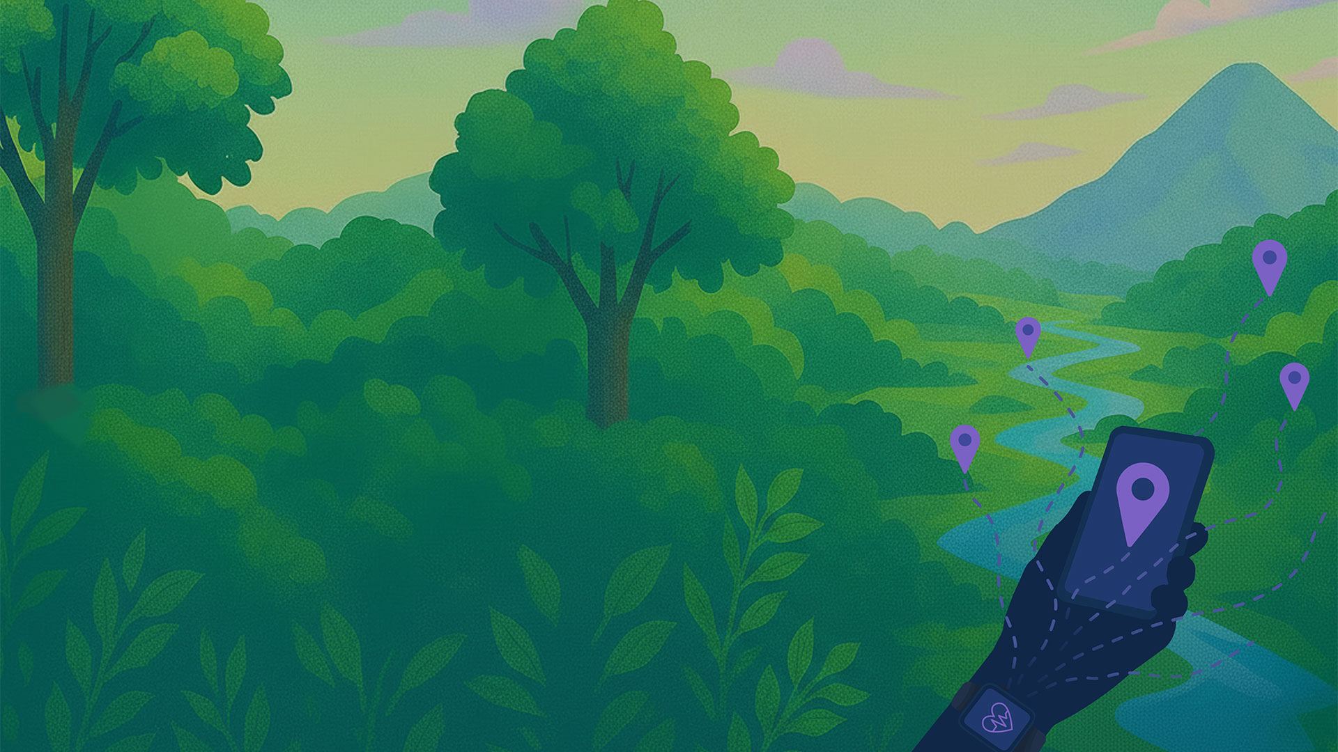 Graphic illustration of person in nature and their digital traces