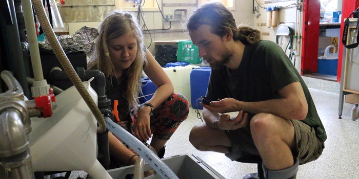 Kristina Enders and Robin Lenz filtering seawater for microplastic, Sargasso Cruise 2014. Photo: Line Reeh.