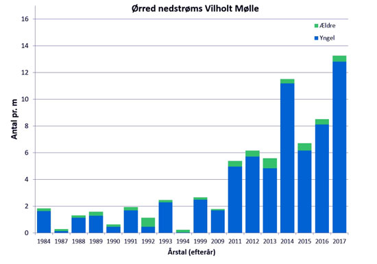 Søjlediagram over udviklingen i ørredbestanden ved Vilholt