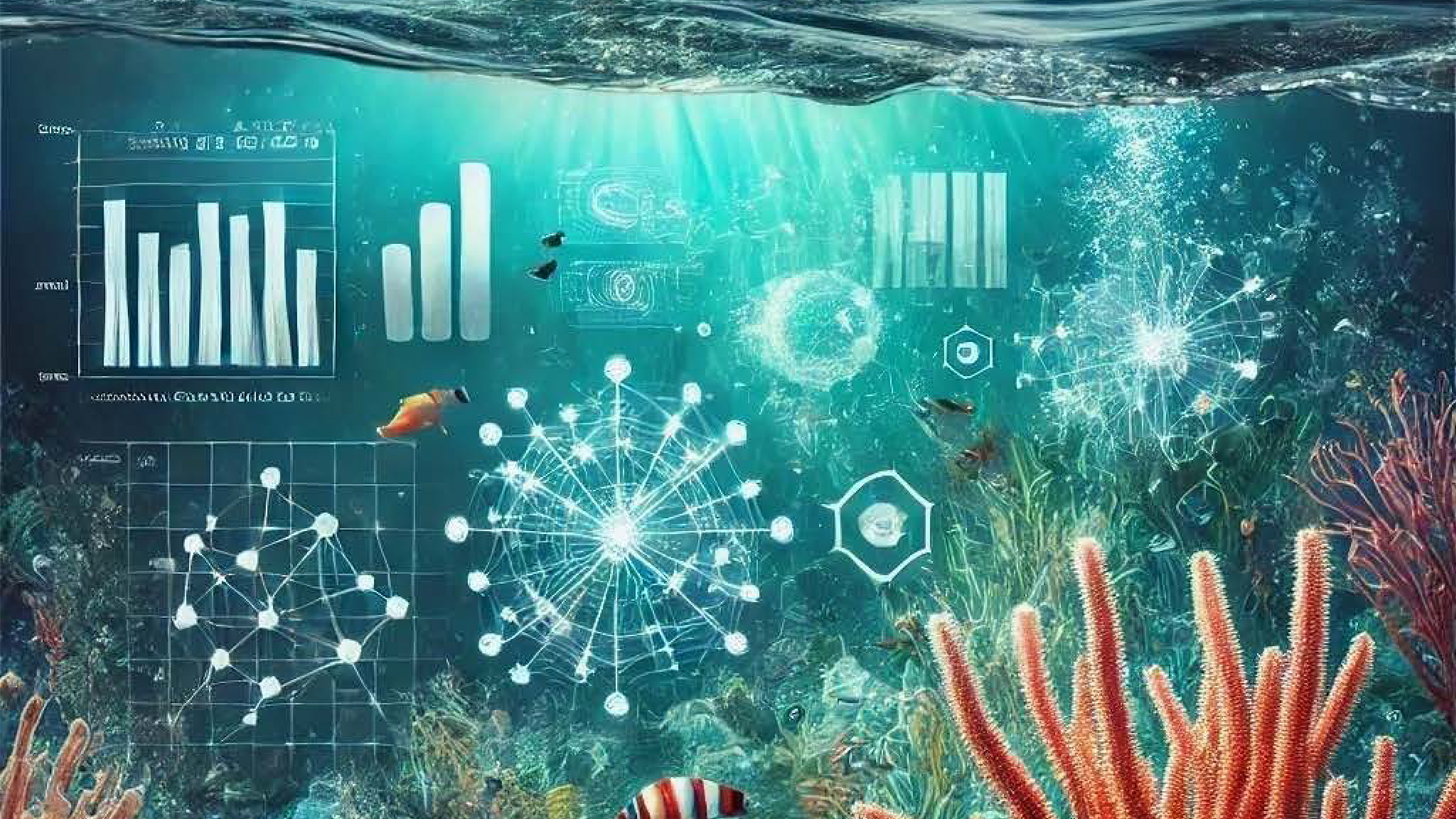 Illustration of sea surface and life underwater, molecules, diagrammes etc. Illustration of sea surface and life underwater, molecules, diagrammes etc.