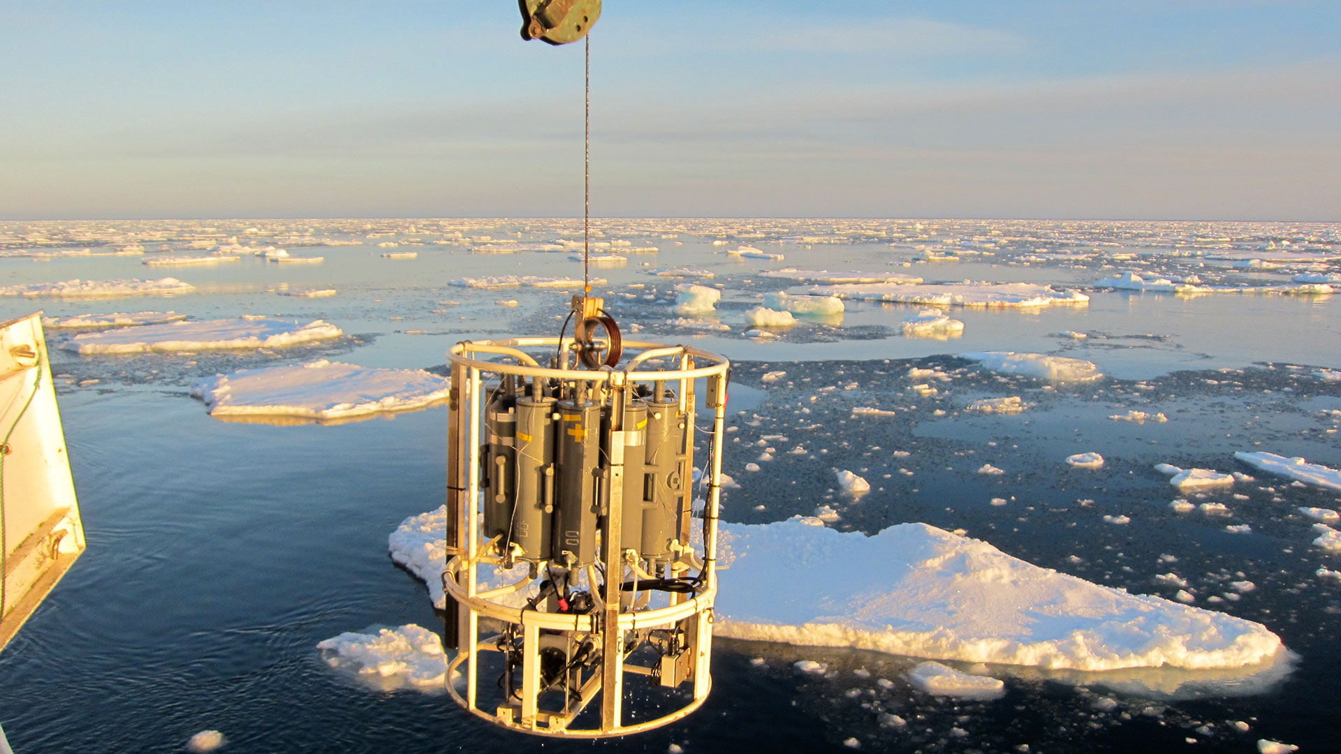 A rosette with a CTD measuring temperature, salinity etc. and bottles for collecting water samples at different depths
