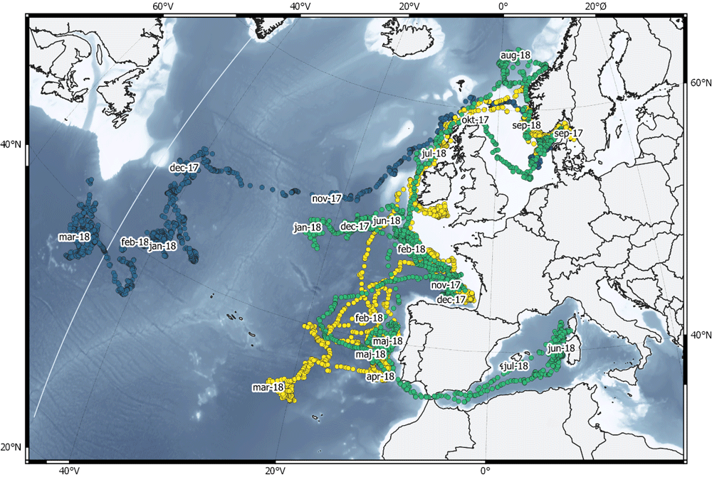 Three examples of migration tracks of large Atlantic bluefin tuna tagged in Skagerrak in 2017, with monthly notations along the track.