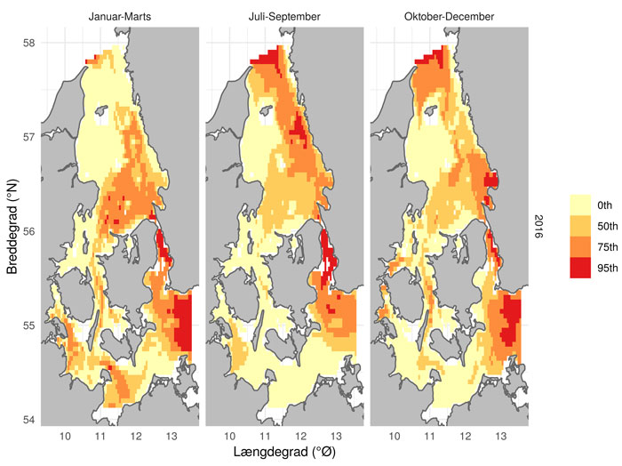 Voksne torsks levesteder i de indre danske farvande i Q1, 2 og 3 2016. Fishhab-projektet.